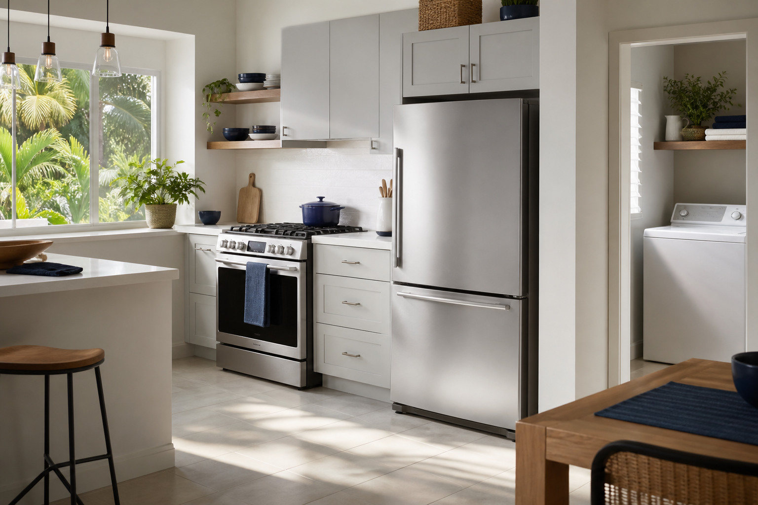 A bright Caribbean kitchen with a refrigerator, stove and adjacent washing machine