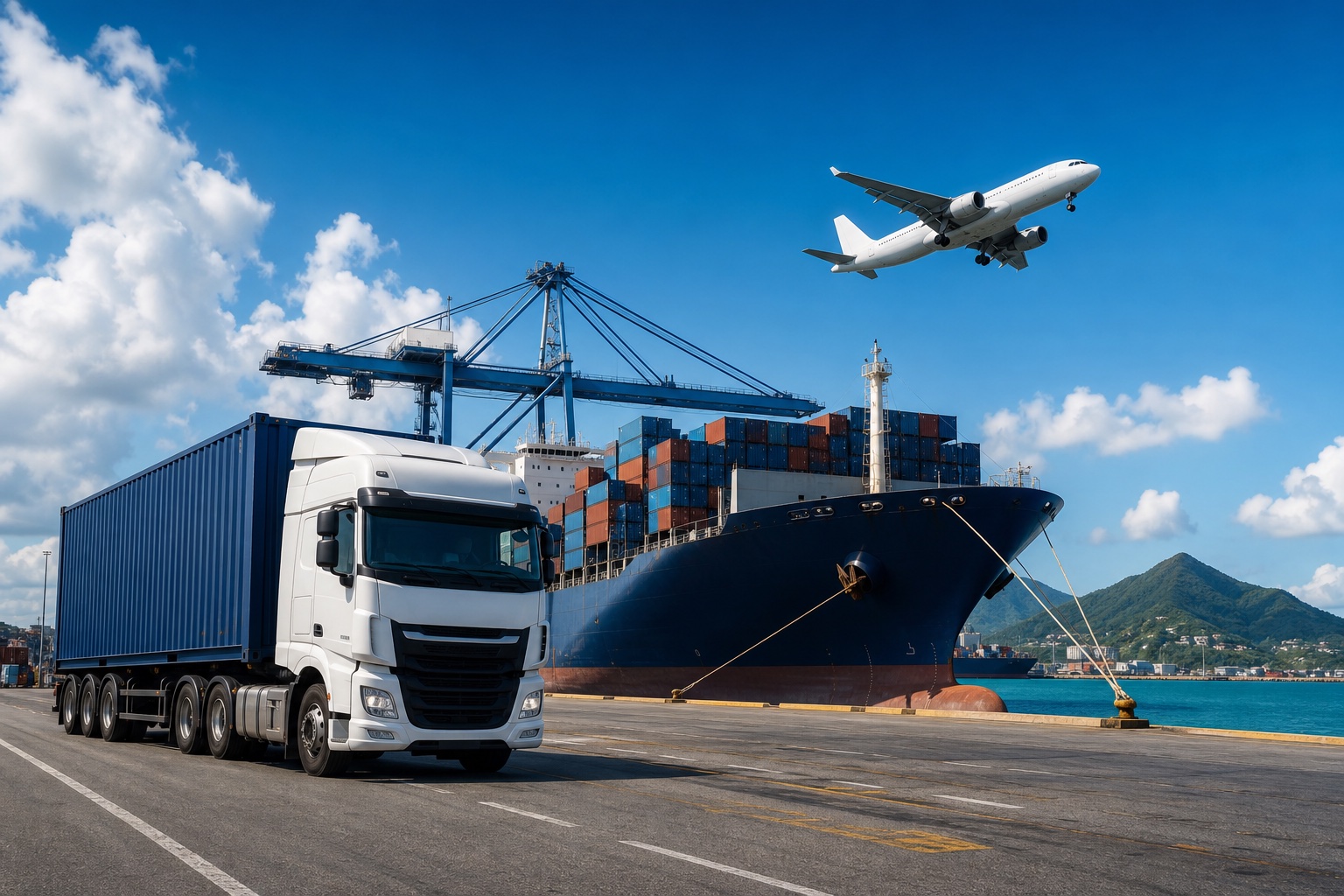 Freight truck, container ship and cargo aircraft at a Caribbean port